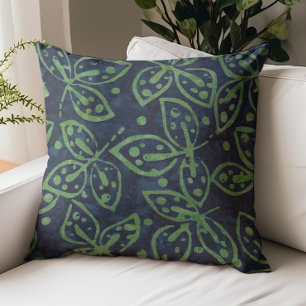 Navy Green Foliage Boho Batik Look Throw Pillow
