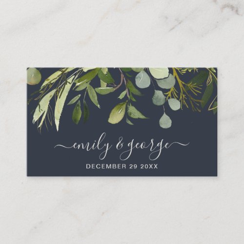 NAVY GREEN FOLIAGE WATERCOLOR WEDDING WEBSITE RSVP BUSINESS CARD