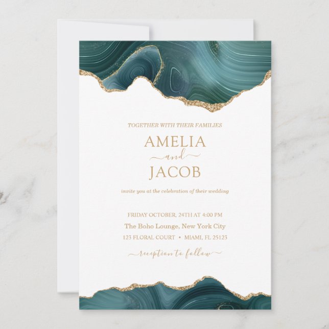 Navy Green & Gold Foil Agate Invitation modern (Front)