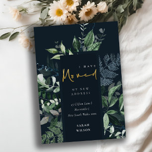 Navy Green Gold Greenery Frame I have Moved Card