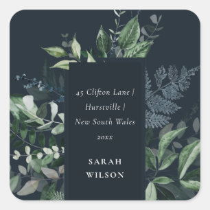 Navy Green Gold Greenery I have Moved Address Square Sticker