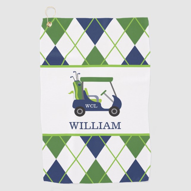 Navy & Green Golf Cart Monogram Golf Towel (Front)