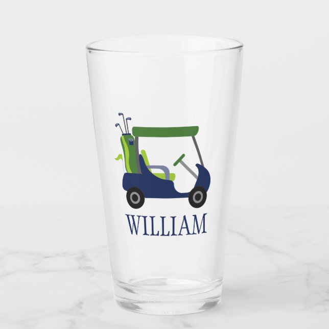 Navy & Green Golf Cart Personalized Glass Tumbler (Front)