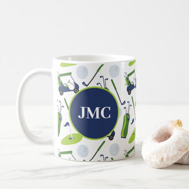 Navy & Green Golf Personalized Monogrammed Coffee Mug (With Donut)