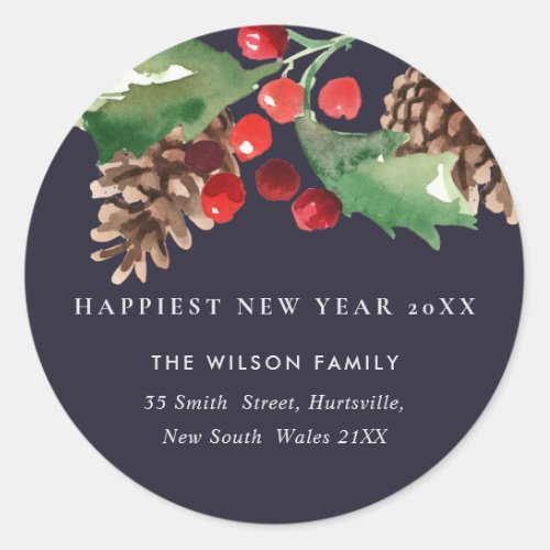 NAVY GREEN HOLLY BERRY PINE CONE NEW YEAR ADDRESS CLASSIC ROUND STICKER