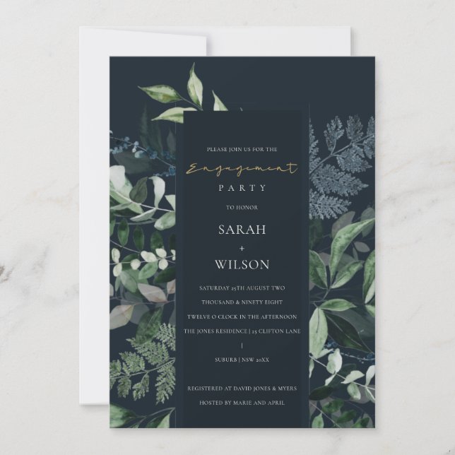 Navy Green Leafy Tropical Fauna Engagement Invite (Front)