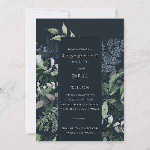 Navy Green Leafy Tropical Fauna Engagement Invite