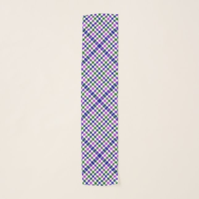 Navy, Green & Purple Checked Plaid Chiffon Scarf (Front)