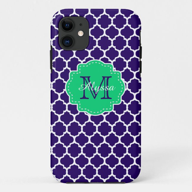 Navy Green Quatrefoil Personalized Case-Mate iPhone Case (Back)