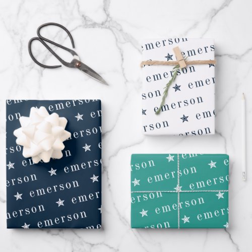 Navy Green Repeating Monogram Name Star Wrapping Paper Sheets