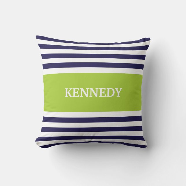 Navy Green Stripes Monogram Throw Pillow (Front)