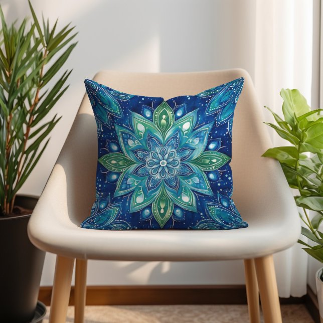 Navy Green Turquoise Mandela Boho Throw Pillow (Navy Green Turquoise Mandela Boho Throw Pillow)