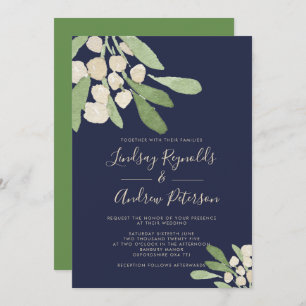 Navy & Green Watercolor Mistletoe Wedding Invitation