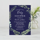 Navy Green Watercolor Wreath Boy Baby Shower Invitation (Standing Front)