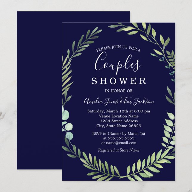 Navy Green Watercolor Wreath Couples Shower Invitation (Front/Back)