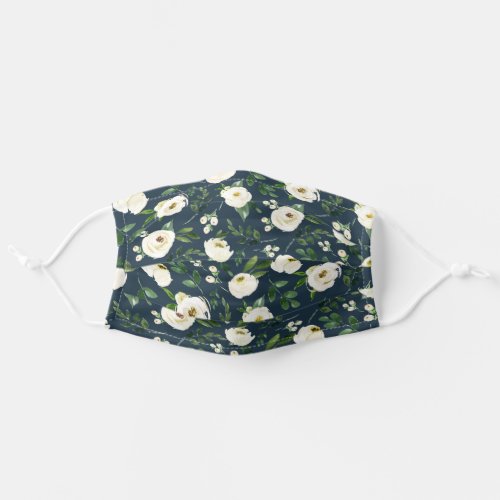 Navy  Green  White Watercolor Floral Pattern Adult Cloth Face Mask