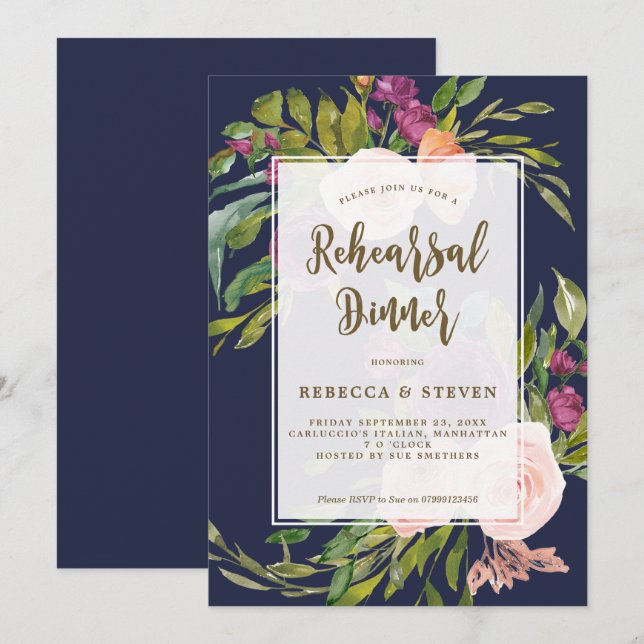 navy greenery floral rehearsal dinner invitation (Front/Back)