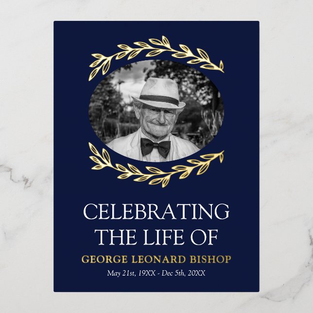 Navy Greenery Frame Oval Photo Funeral Gold Foil Invitation Postcard (Front)