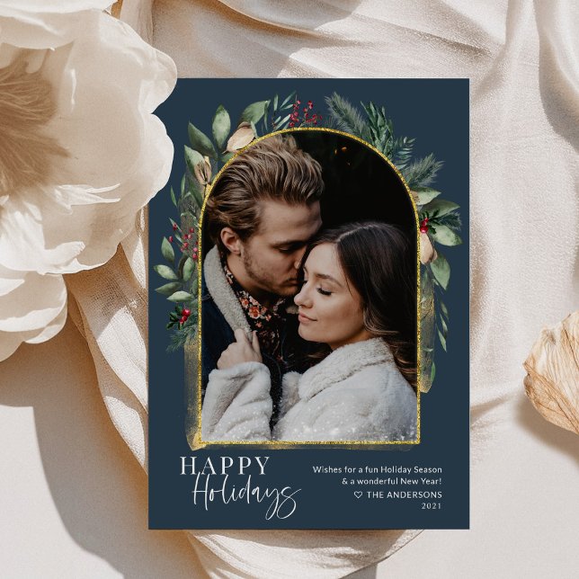 Navy Greenery Gold Arch Trendy Script Photo Holiday Card (Creator Uploaded)