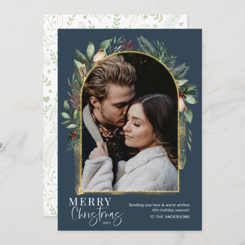 Navy Greenery Gold Modern Arch Christmas Photo Holiday Card