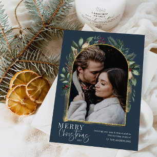 Navy Greenery Gold Modern Arch Christmas Photo Holiday Card