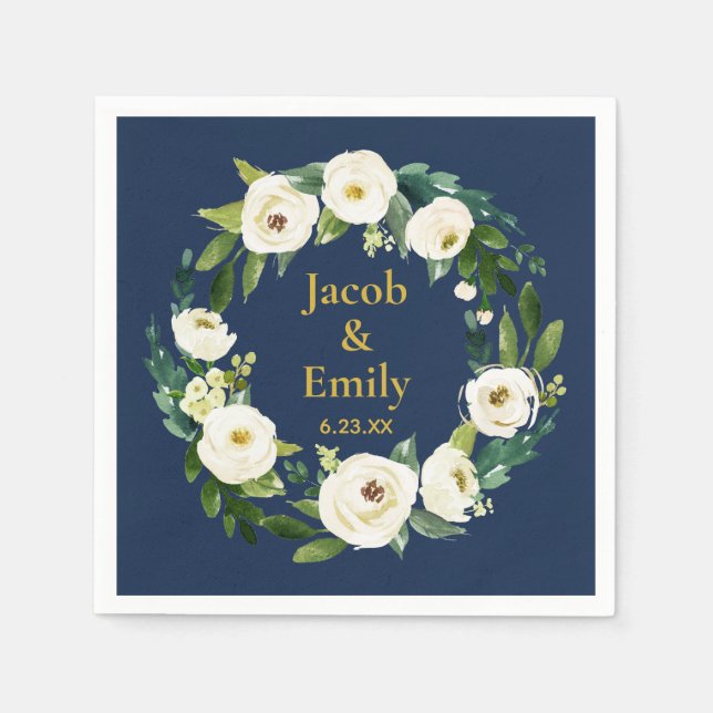 Navy Greenery Gold Personalized Names Date Wedding Napkins (Front)
