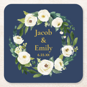 Navy Greenery Gold Personalized Names Date Wedding Square Paper Coaster