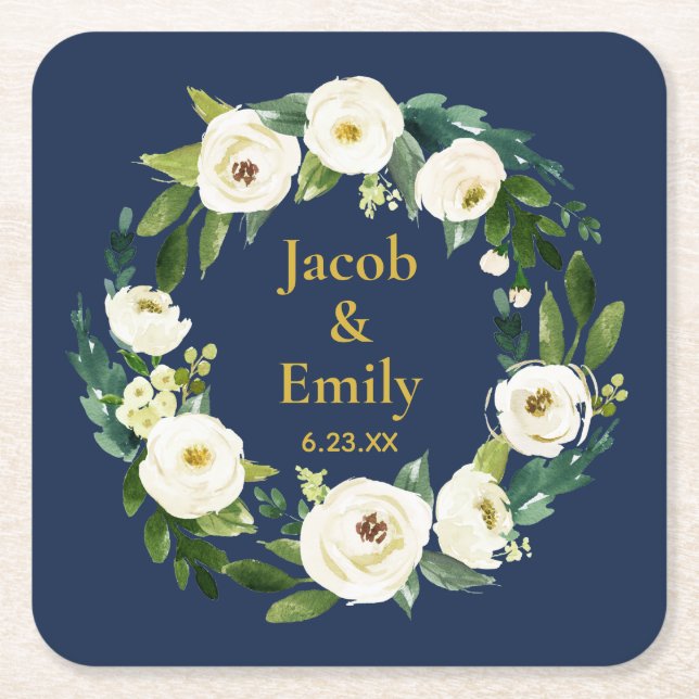 Navy Greenery Gold Personalized Names Date Wedding Square Paper Coaster (Front)