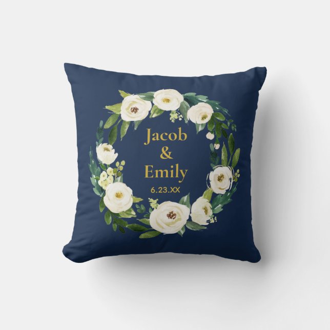 Navy Greenery Gold Personalized Names Date Wedding Throw Pillow (Front)