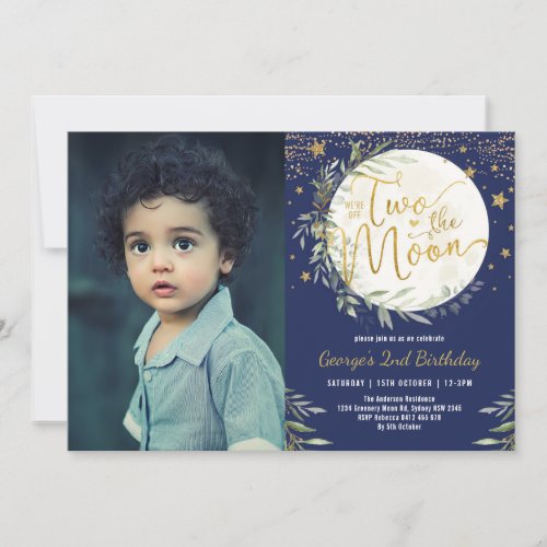 Navy Greenery Gold Two the Moon 2nd Birthday Photo Invitation