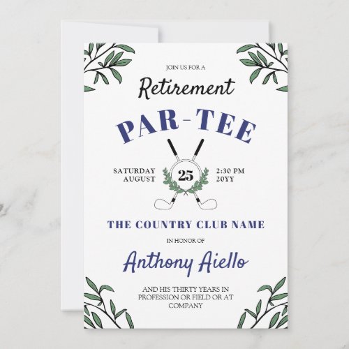 Navy Greenery Golf Themed Retirement Party Invitation