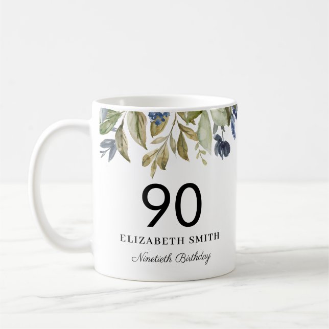 Navy Greenery Leaves Personalized 90th Birthday Coffee Mug (Left)