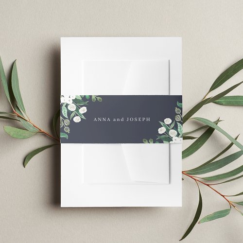 Navy  Greenhouse Watercolor Botanical Wedding Invitation Belly Band