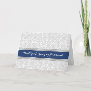 Navy Grey Damask Thank You Bridesmaid Card