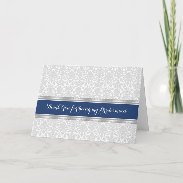 Navy Grey Damask Thank You Bridesmaid Card (Front)