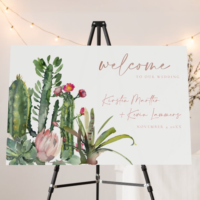 NAVY GREY FLORAL CACTI FAUNA WEDDING WELCOME FOAM BOARD (In Situ (Stand))