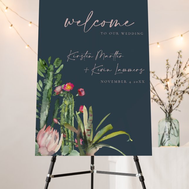 NAVY GREY FLORAL CACTI FAUNA WEDDING WELCOME FOAM BOARD (In Situ (Stand))