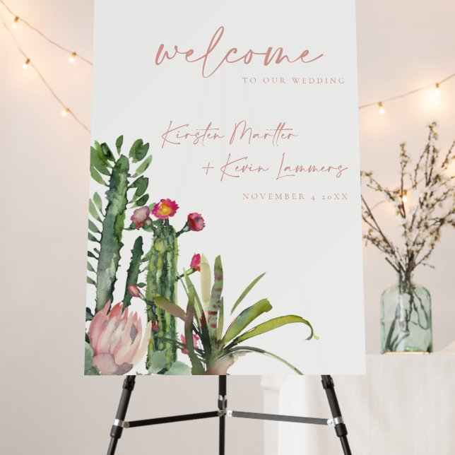 NAVY GREY FLORAL CACTI FAUNA WEDDING WELCOME FOAM BOARD (In Situ (Stand))