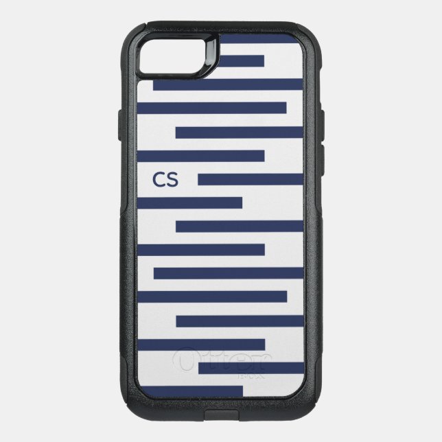 Navy Grey Geometric Line Pattern with Monogram Otterbox iPhone Case (Back)