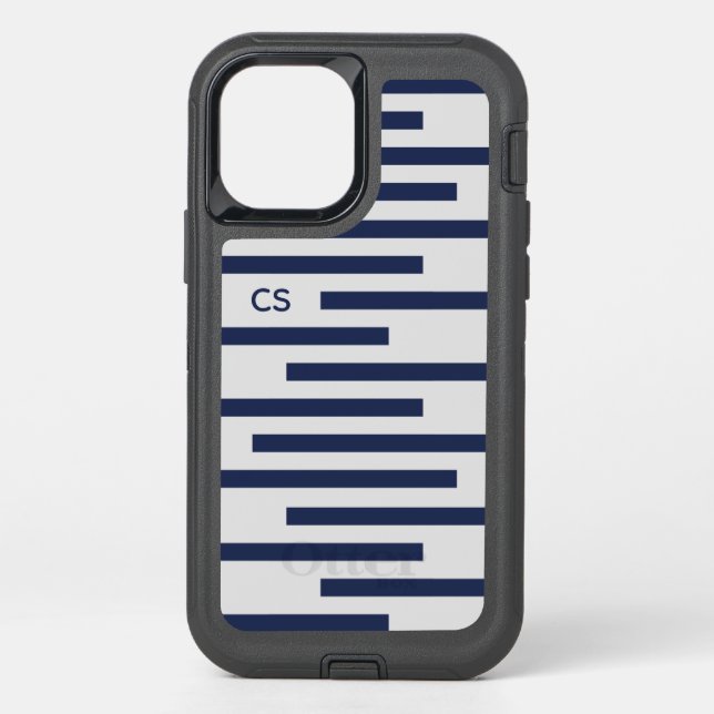 Navy Grey Geometric Line Pattern with Monogram Otterbox iPhone Case (Back)