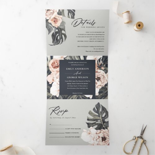 NAVY GREY RUST MONSTERA FLORAL WATERCOLOR  WEDDING Tri_Fold INVITATION