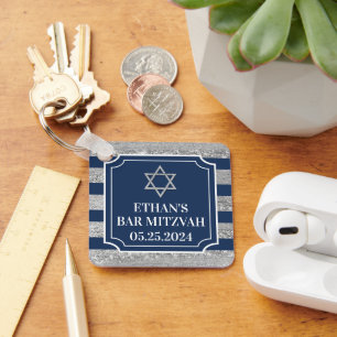 Navy, Grey Striped Bar Mitzvah Keychain