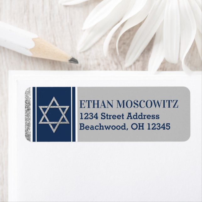 Navy, Grey, White Star of David Bar Mitzvah Label (Insitu)