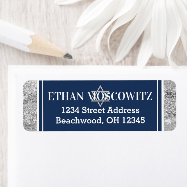 Navy, Grey, White Star of David Bar Mitzvah Label (Insitu)