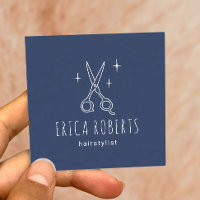 Navy Hair Stylist Minimalist Scissor Beauty Salon Square Business Card