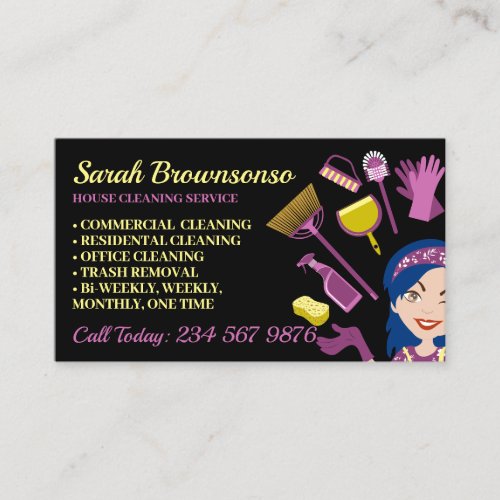 Navy Hair Woman Janitorial House Cleaning Business Card