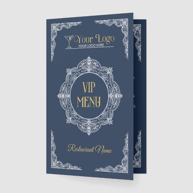 Navy Hand-drawn Elegant Ornate Your Logo VIP Menu (Folded)