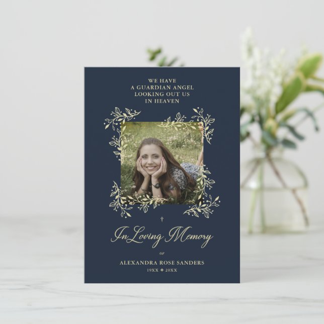 Navy Hand Lettered Chic Flourish Funeral Memorial Note Card (Standing Front)
