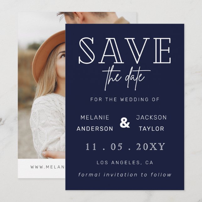 Navy Handwritten Calligraphy Photo Save The Date (Front/Back)