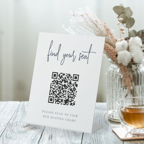 Navy  Handwritten Script QR Code Wedding Seating Pedestal Sign